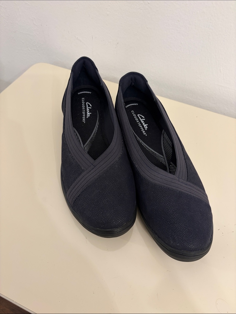 Clarks Navy Crossband Slip-On Flats